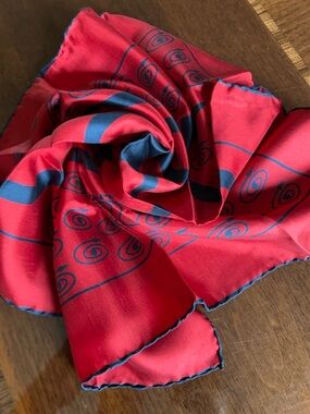 Hardy Amies Red and Blue Printed Silk Scarf hand rolled 18“ x 18“